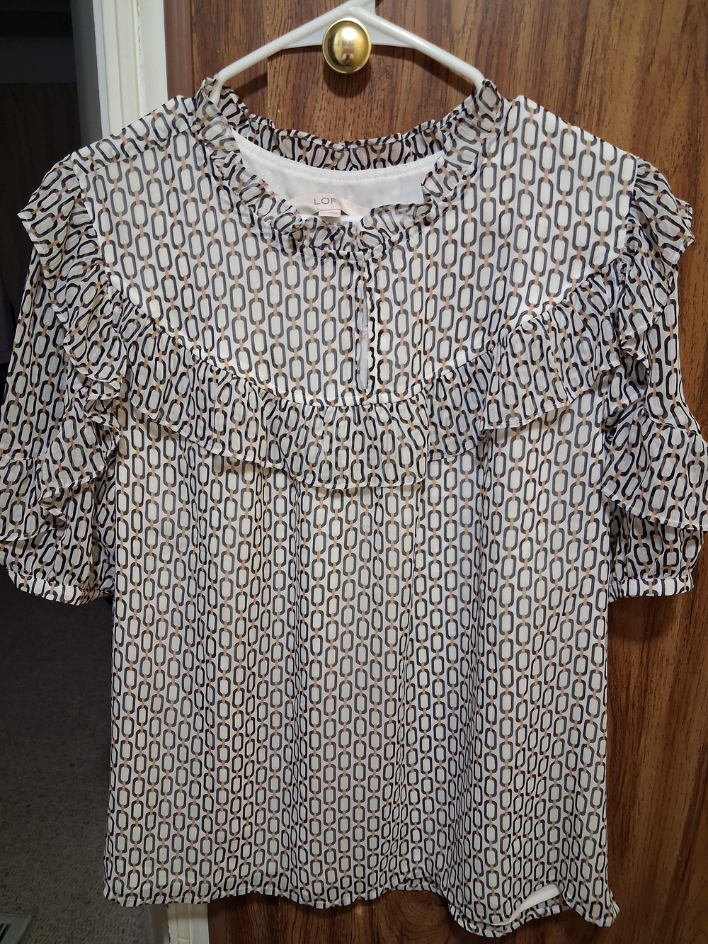 LOFT White and Navy Geo Chain Ruffle Yoke Blouse